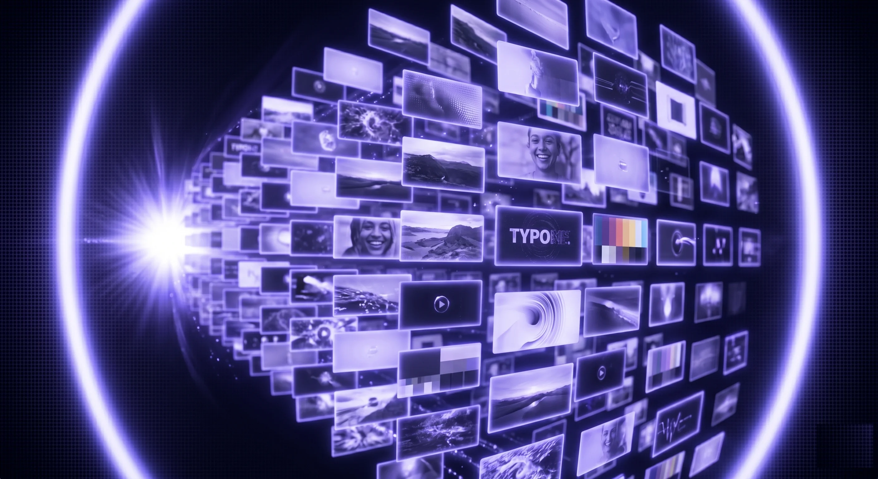 Editorial illustration of a grid of glowing video thumbnails fanning out from a single brand brief, with indigo and violet gradient lighting on a dark dot-grid backdrop.