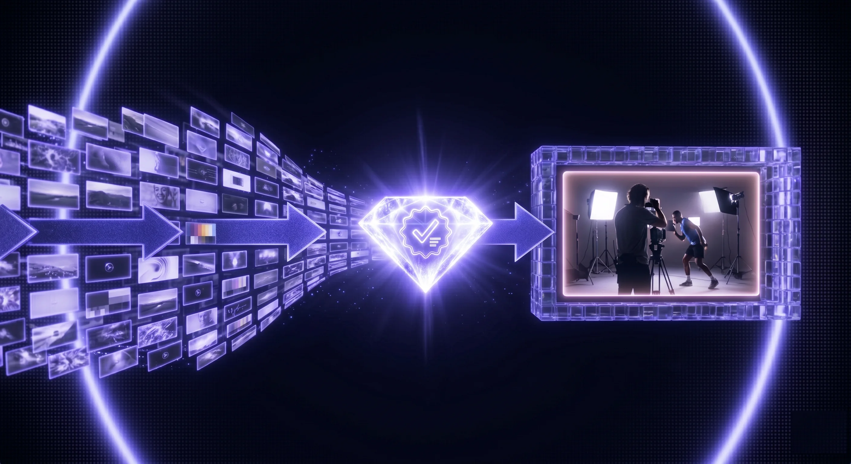 Editorial three-stage flow diagram: AI generation funnel narrowing into a verified winning script, then opening into a human-shot hero video, with indigo arrows on a dark dot-grid backdrop.