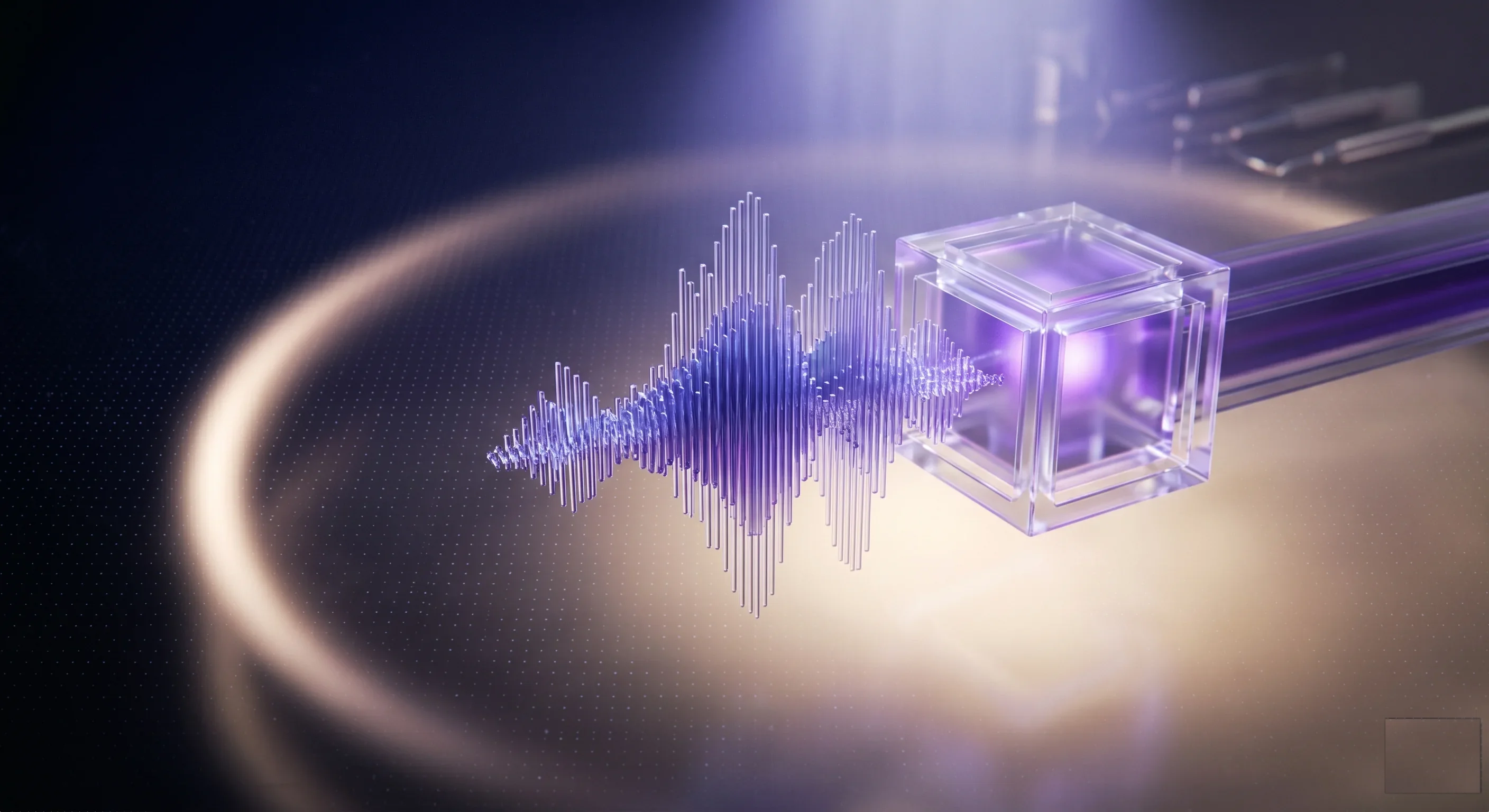 Editorial illustration of a glowing AI voice waveform answering a dental phone, with a soft indigo gradient and dot-grid backdrop.
